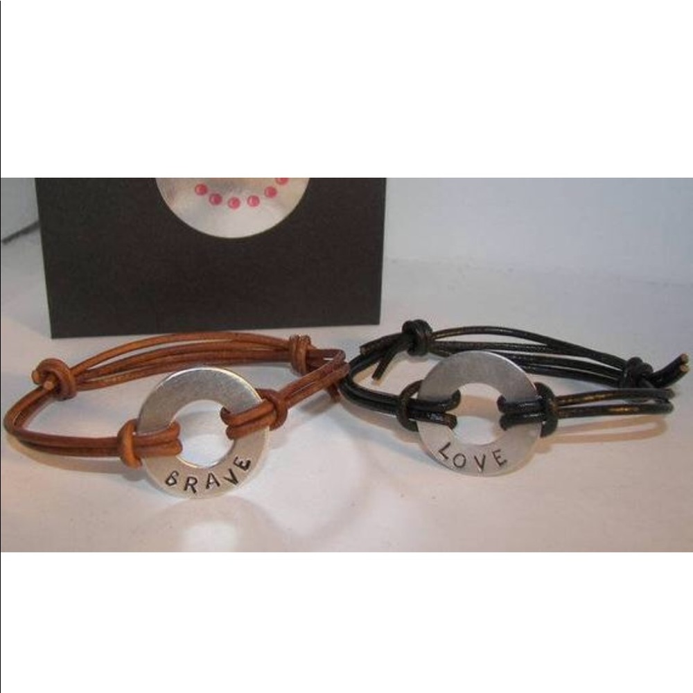 Custom word washer bracelet with leather band